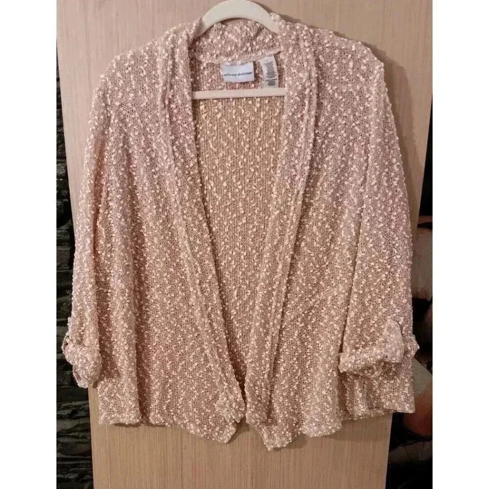 Alfred Dunner Large Pinkish Peach Open Front‎ Cardigan 3/4 Sleeves Gold Sparkle